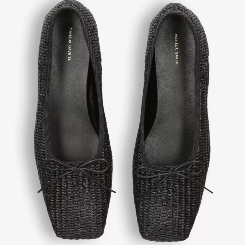 Mansur Gavriel Square Toe Ballerina Flat in Black Raffia